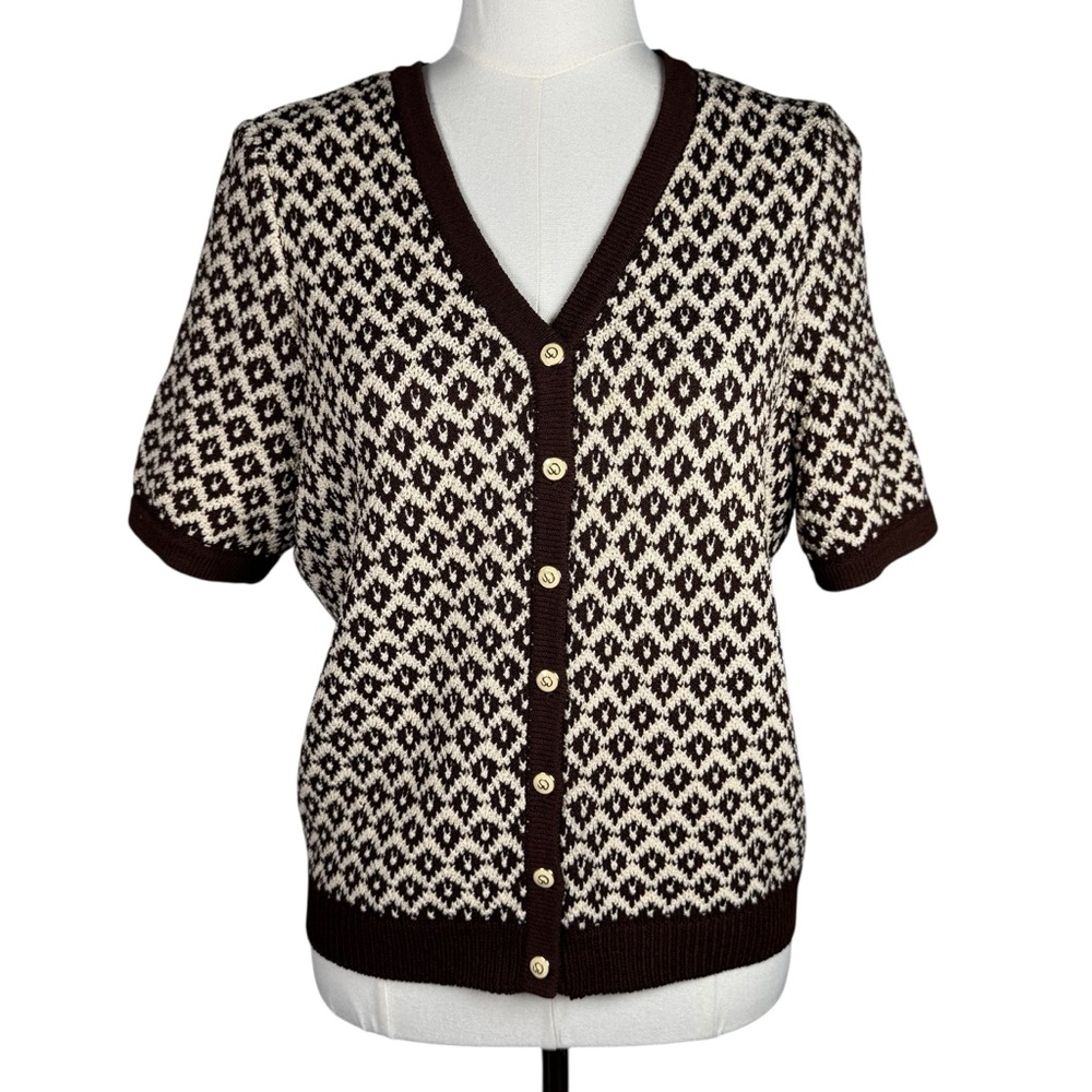 St. John Knit Cardigan Brown Cream Jacquard Short Sleeve Button Jacket USA Med